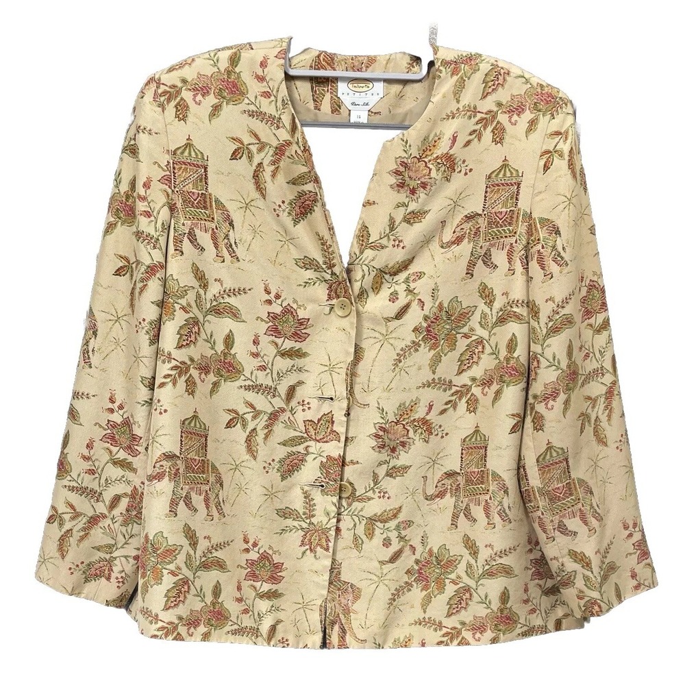 Talbots Pure Silk Blazer size 14 Elephant Print Jacke Red Green